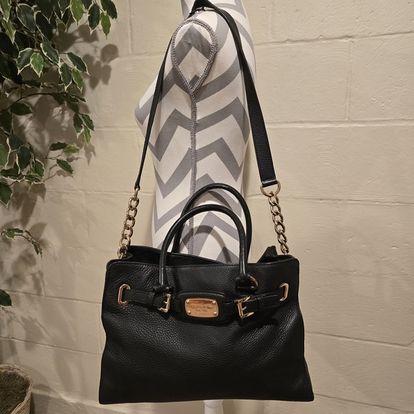 Michael Kors Hamilton Travelor Belted Tote Black Gold Pebble Leather 38F5CHMT9L. - Picture 1 of 14